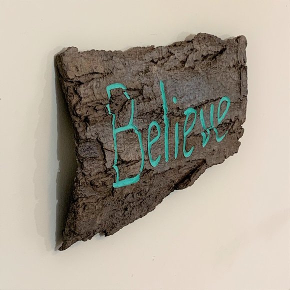Believe Sign, Tree Bark Carving, Turquoise Home Decor, Wall Sign, Sustainable - Picture 6 of 9